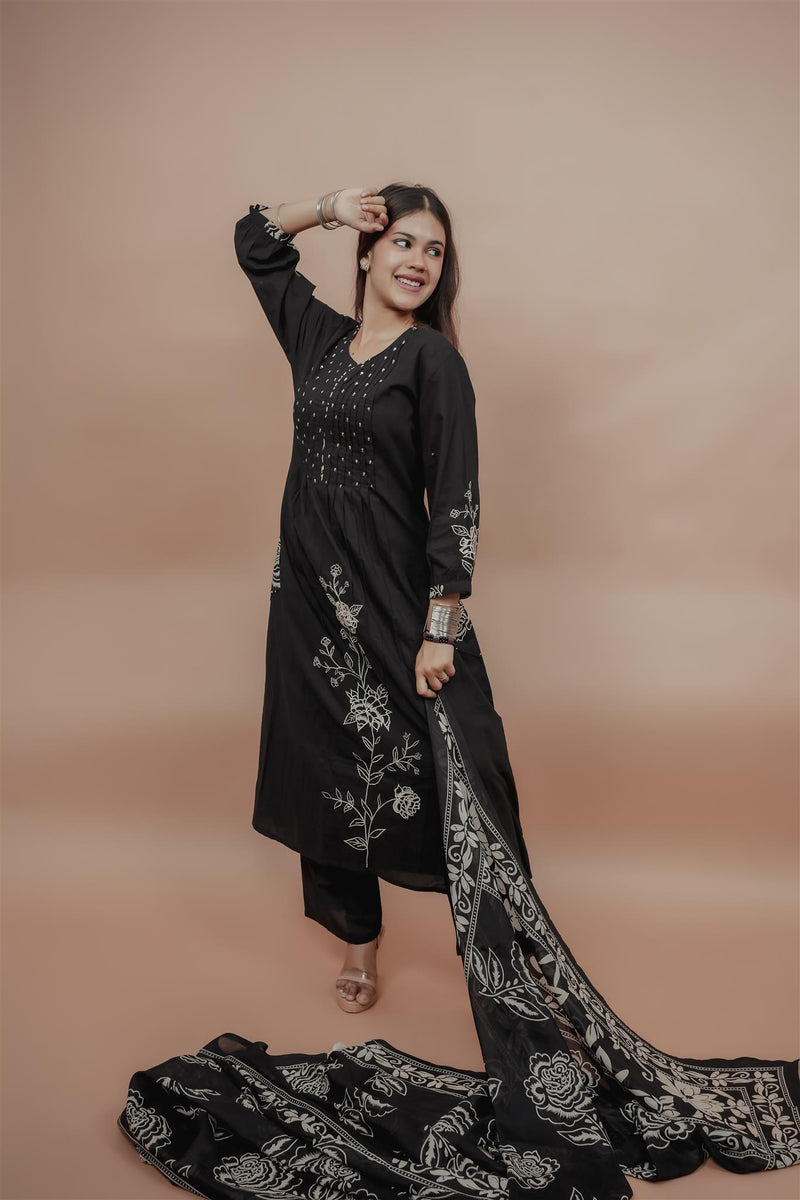 Miramaar Women's Black A-line Pintex & Sequencing Work Kurta Dupatta Set