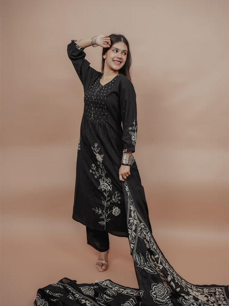 Miramaar Women's Black A-line Pintex & Sequencing Work Kurta Dupatta Set