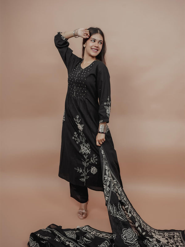 Miramaar Women's Black A-line Pintex & Sequencing Work Kurta Dupatta Set