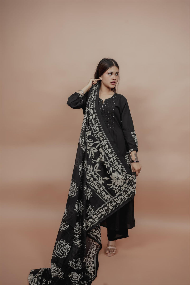 Miramaar Women's Black A-line Pintex & Sequencing Work Kurta Dupatta Set