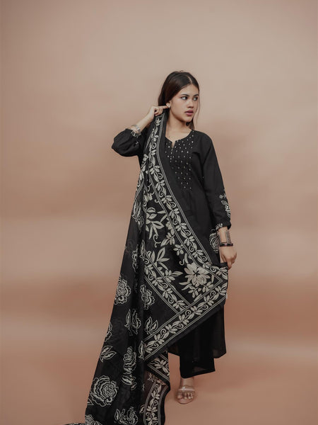 Miramaar Women's Black A-line Pintex & Sequencing Work Kurta Dupatta Set