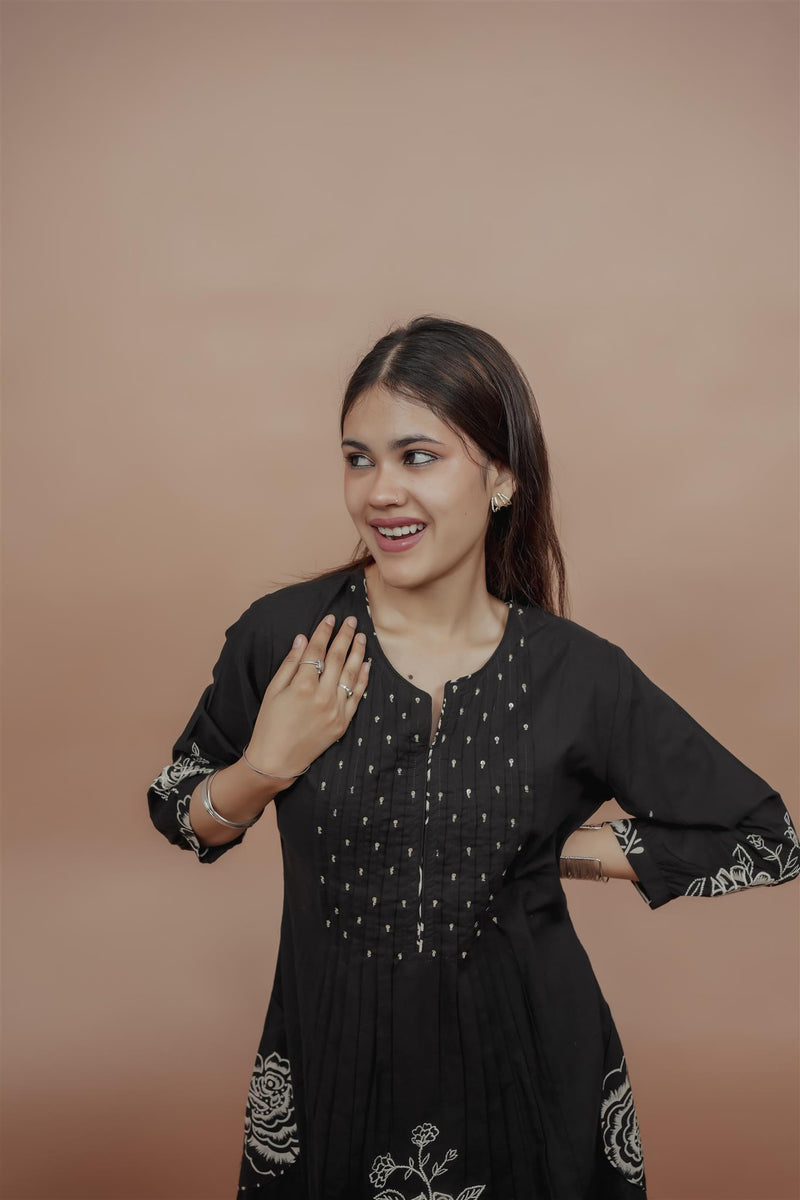 Miramaar Women's Black A-line Pintex & Sequencing Work Kurta Dupatta Set