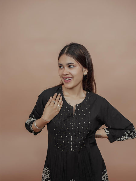 Miramaar Women's Black A-line Pintex & Sequencing Work Kurta Dupatta Set