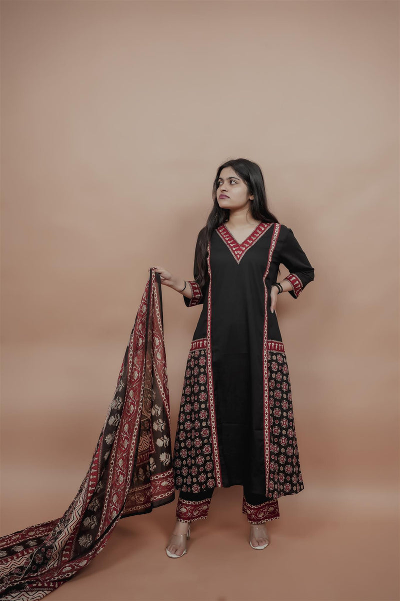 Miramaar Women's Black A-line Solid Kurta Dupatta Set