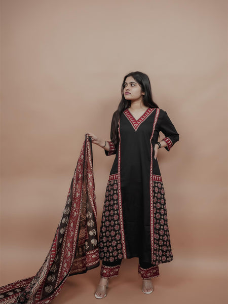 Miramaar Women's Black A-line Solid Kurta Dupatta Set