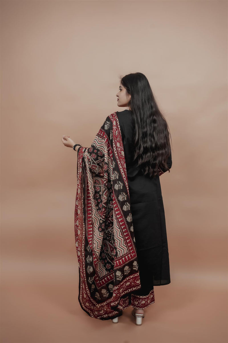 Miramaar Women's Black A-line Solid Kurta Dupatta Set