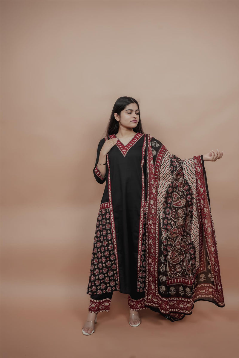 Miramaar Women's Black A-line Solid Kurta Dupatta Set