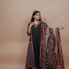 Miramaar Women's Black A-line Solid Kurta Dupatta Set