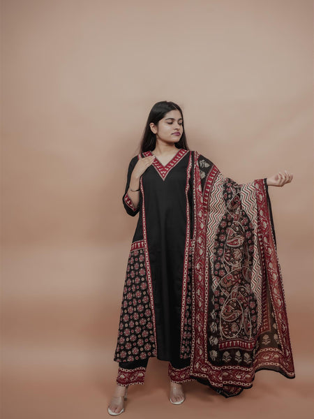 Miramaar Women's Black A-line Solid Kurta Dupatta Set