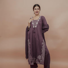 Miramaar Women's Purple Cotton Embroidered V-Neck Solid Kurta Dupatta Set