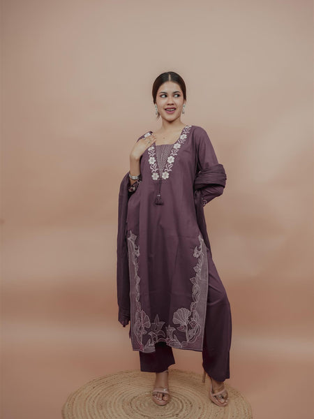 Miramaar Women's Purple Cotton Embroidered V-Neck Solid Kurta Dupatta Set