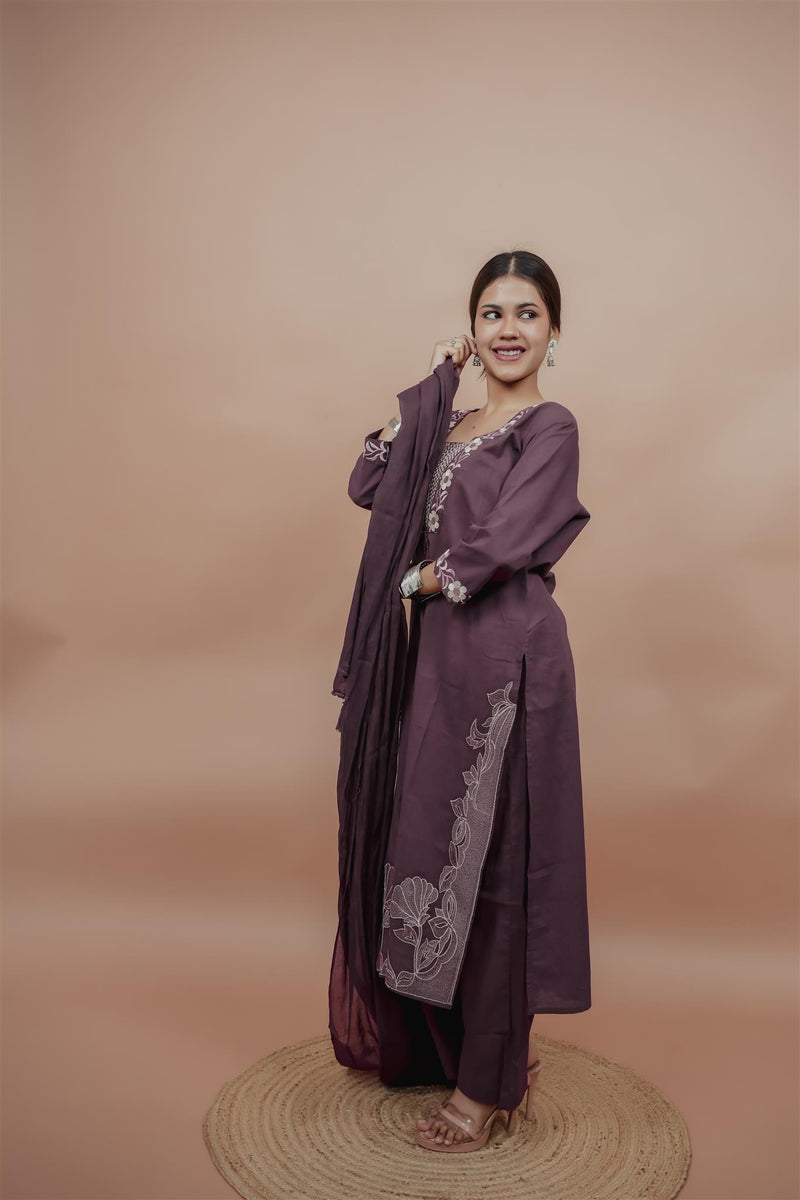 Miramaar Women's Purple Cotton Embroidered V-Neck Solid Kurta Dupatta Set