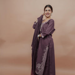 Miramaar Women's Purple Cotton Embroidered V-Neck Solid Kurta Dupatta Set