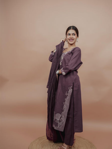 Miramaar Women's Purple Cotton Embroidered V-Neck Solid Kurta Dupatta Set