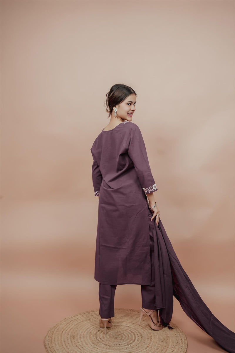 Miramaar Women's Purple Cotton Embroidered V-Neck Solid Kurta Dupatta Set