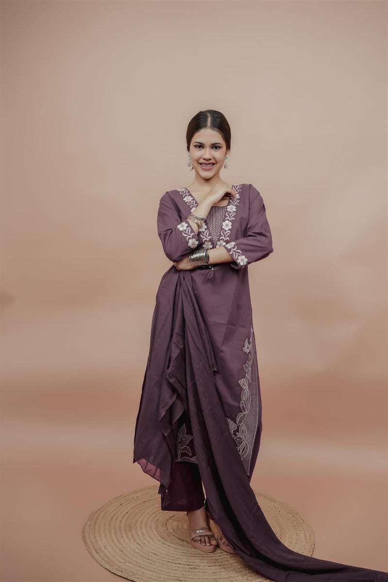 Miramaar Women's Purple Cotton Embroidered V-Neck Solid Kurta Dupatta Set
