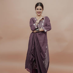 Miramaar Women's Purple Cotton Embroidered V-Neck Solid Kurta Dupatta Set