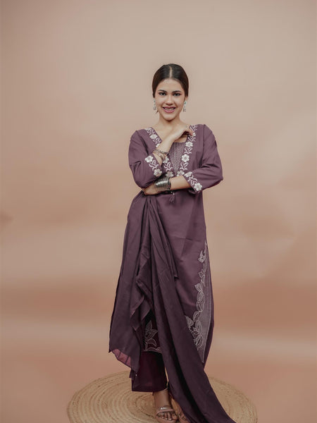 Miramaar Women's Purple Cotton Embroidered V-Neck Solid Kurta Dupatta Set