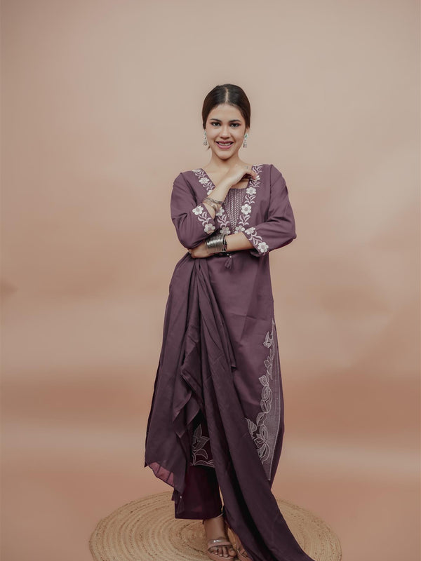 Miramaar Women's Purple Cotton Embroidered V-Neck Solid Kurta Dupatta Set