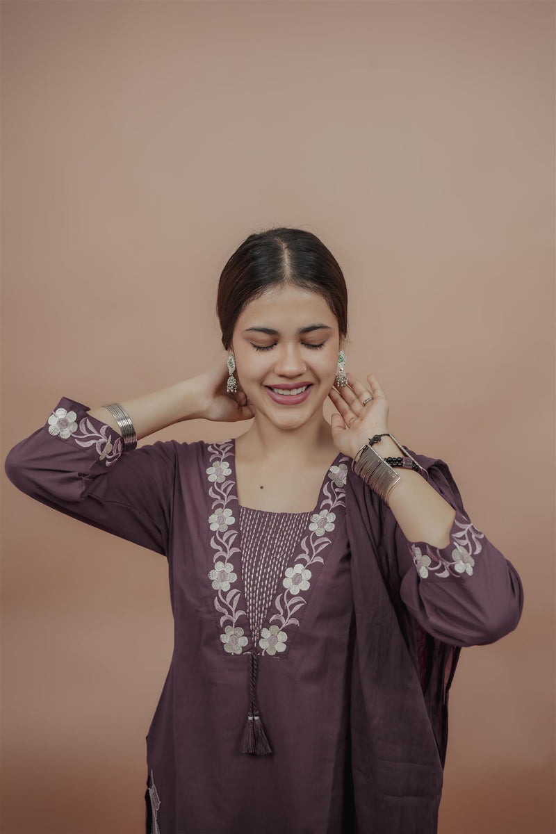 Miramaar Women's Purple Cotton Embroidered V-Neck Solid Kurta Dupatta Set