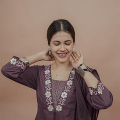 Miramaar Women's Purple Cotton Embroidered V-Neck Solid Kurta Dupatta Set