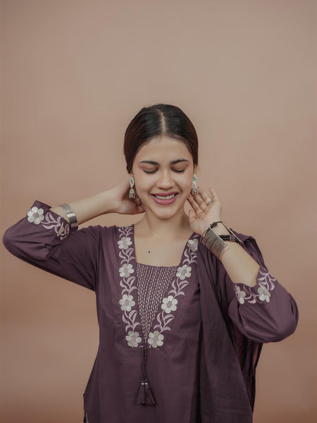 Miramaar Women's Purple Cotton Embroidered V-Neck Solid Kurta Dupatta Set