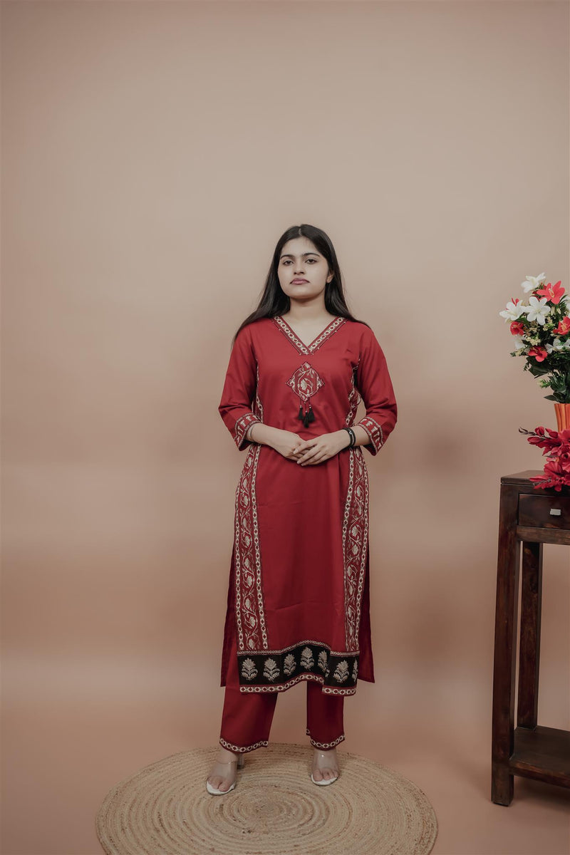 Miramaar Women's Red Straight Patch Work Kurta Set