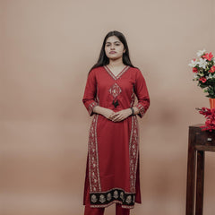 Miramaar Women's Red Straight Patch Work Kurta Set