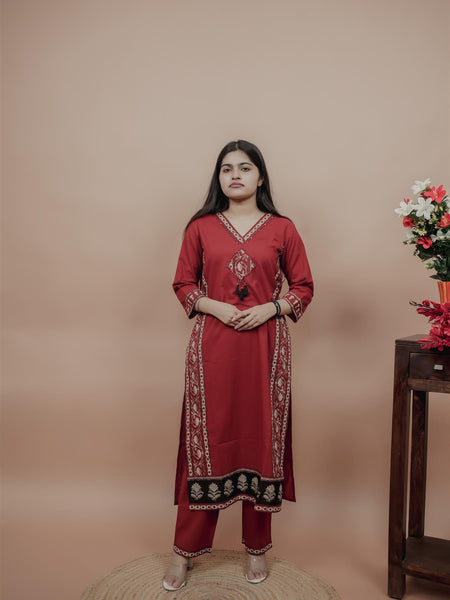 Miramaar Women's Red Straight Patch Work Kurta Set