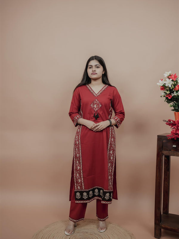Miramaar Women's Red Straight Patch Work Kurta Set