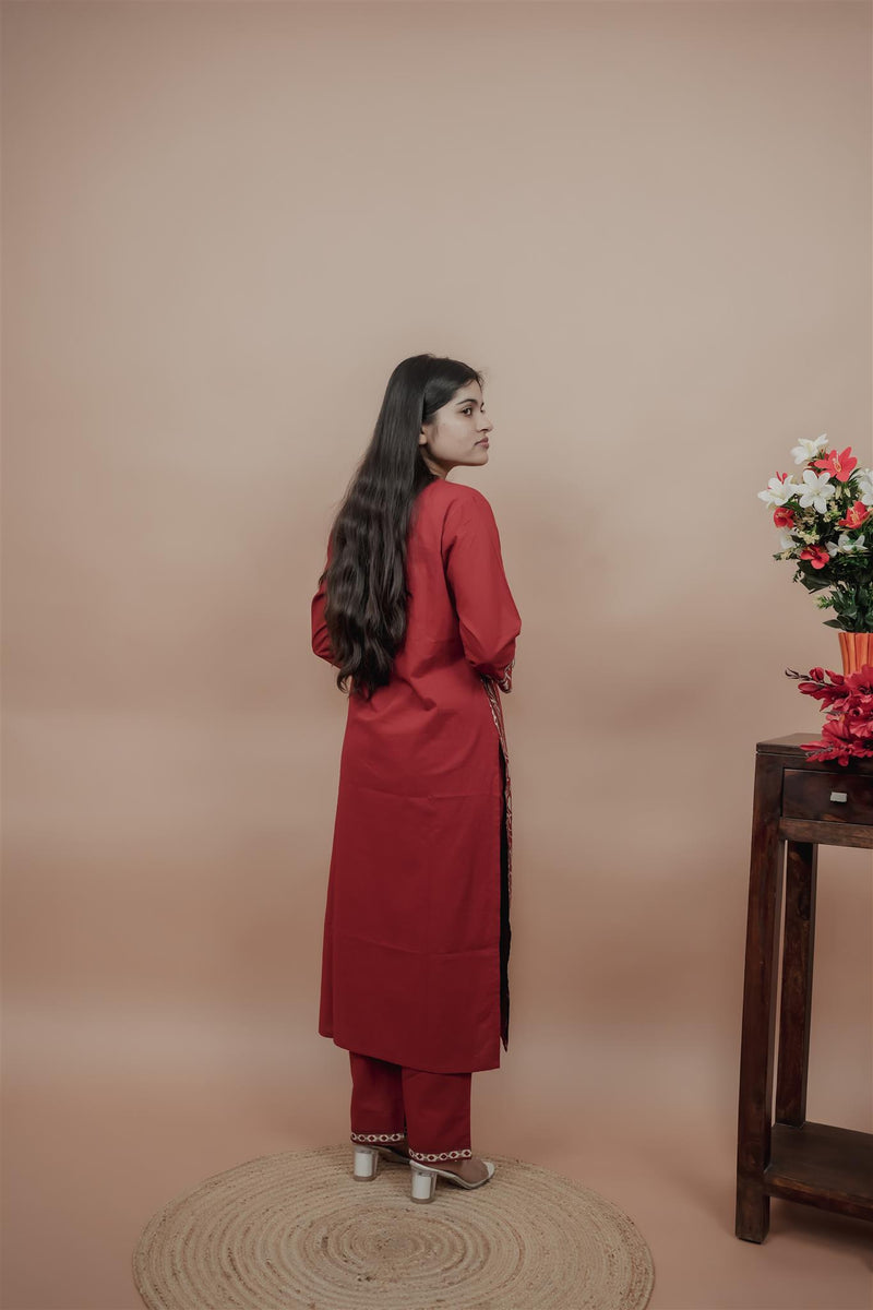 Miramaar Women's Red Straight Patch Work Kurta Set
