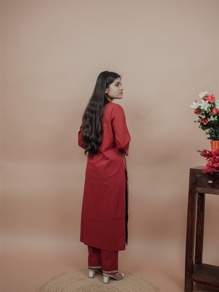 Miramaar Women's Red Straight Patch Work Kurta Set