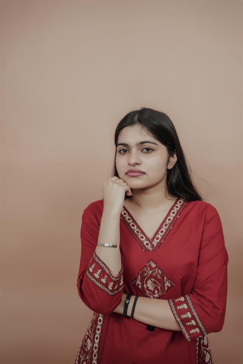 Miramaar Women's Red Straight Patch Work Kurta Set