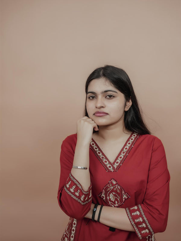 Miramaar Women's Red Straight Patch Work Kurta Set
