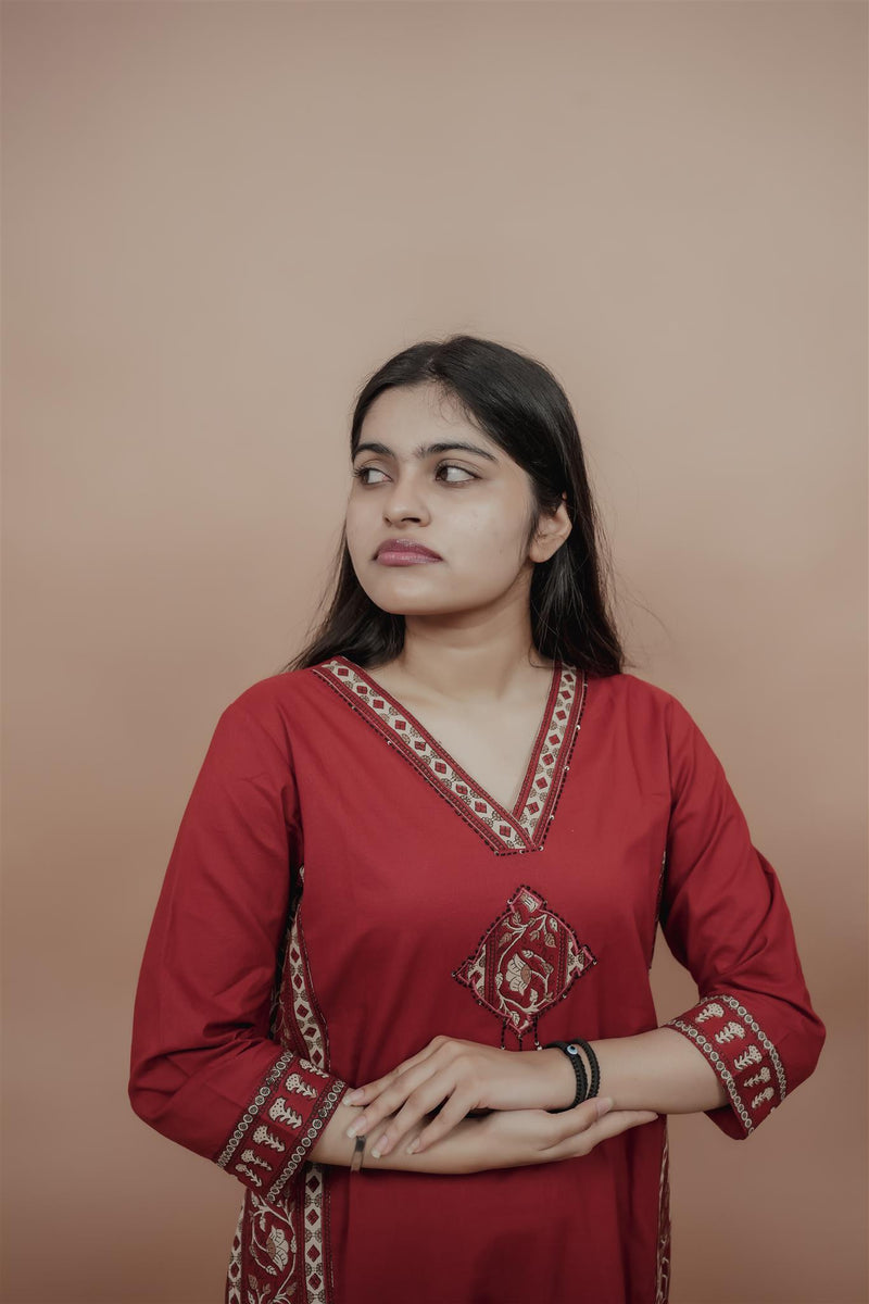 Miramaar Women's Red Straight Patch Work Kurta Set
