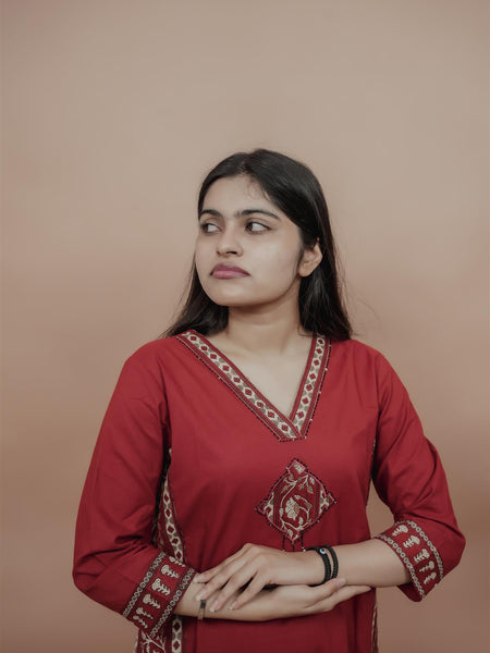 Miramaar Women's Red Straight Patch Work Kurta Set