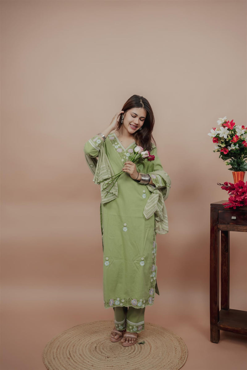 Miramaar Women's Green Cotton Embroidered V-Neck Solid Kurta Dupatta Set