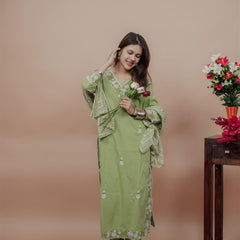 Miramaar Women's Green Cotton Embroidered V-Neck Solid Kurta Dupatta Set