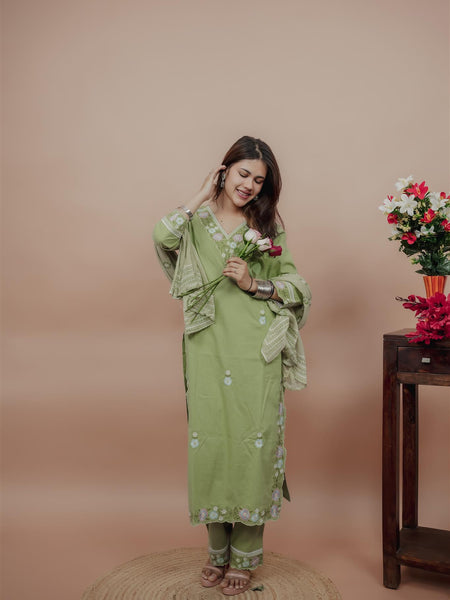Miramaar Women's Green Cotton Embroidered V-Neck Solid Kurta Dupatta Set