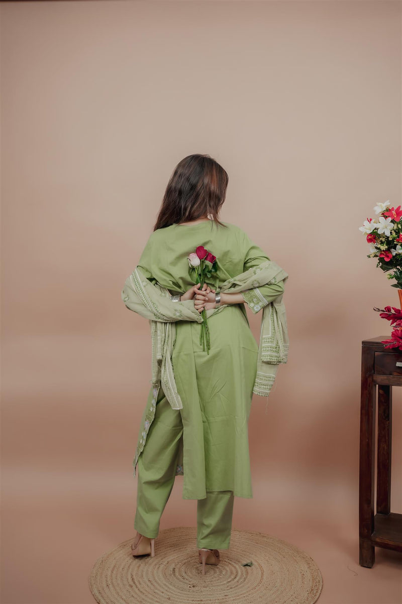 Miramaar Women's Green Cotton Embroidered V-Neck Solid Kurta Dupatta Set