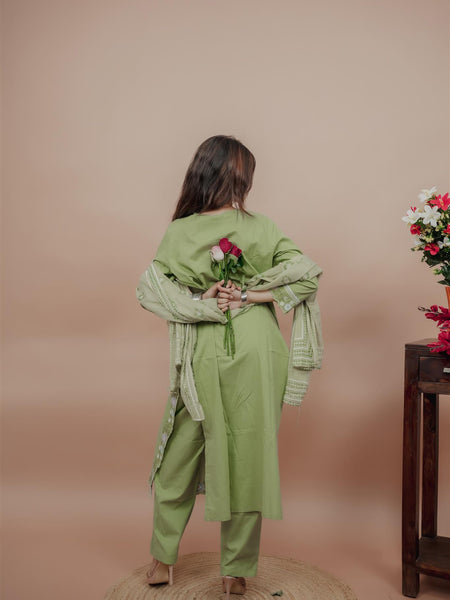 Miramaar Women's Green Cotton Embroidered V-Neck Solid Kurta Dupatta Set