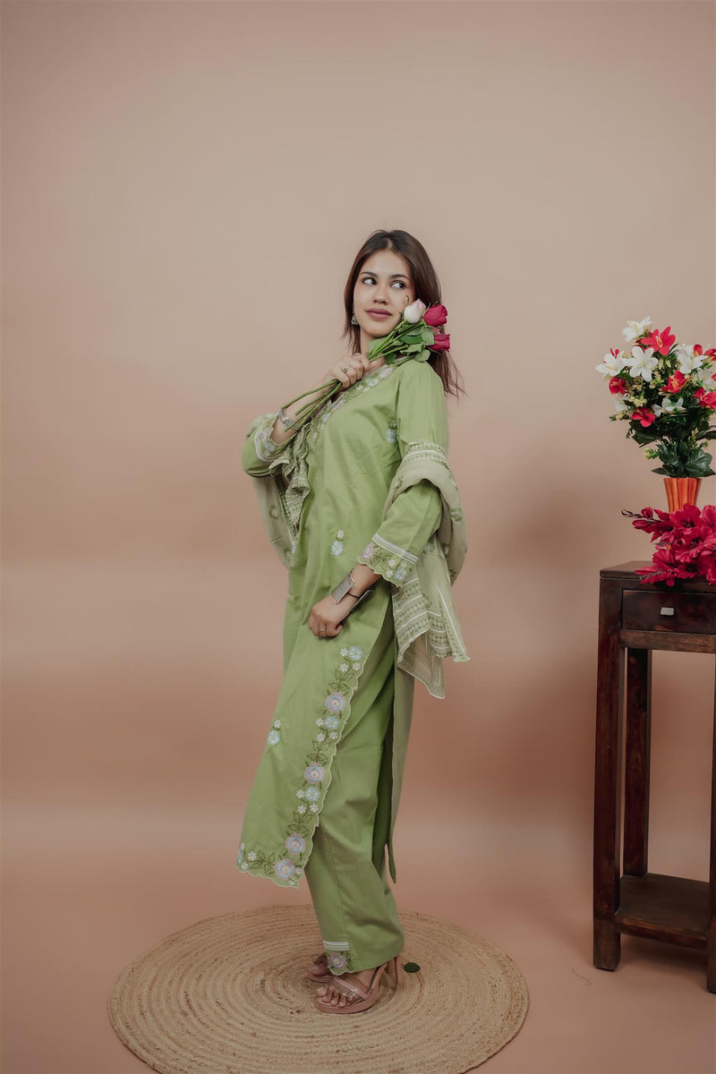 Miramaar Women's Green Cotton Embroidered V-Neck Solid Kurta Dupatta Set