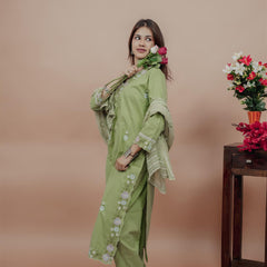 Miramaar Women's Green Cotton Embroidered V-Neck Solid Kurta Dupatta Set