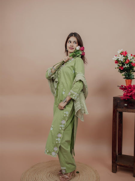 Miramaar Women's Green Cotton Embroidered V-Neck Solid Kurta Dupatta Set