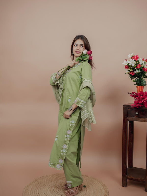 Miramaar Women's Green Cotton Embroidered V-Neck Solid Kurta Dupatta Set