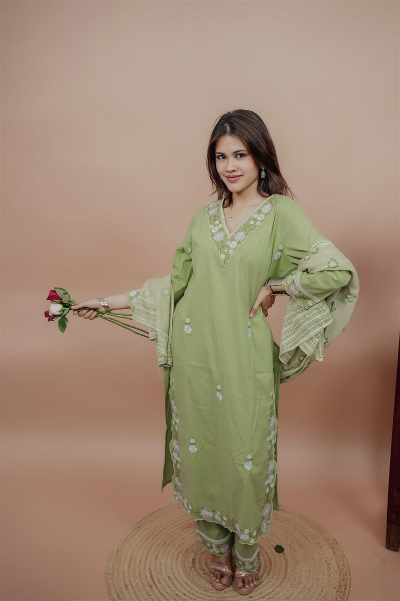 Miramaar Women's Green Cotton Embroidered V-Neck Solid Kurta Dupatta Set