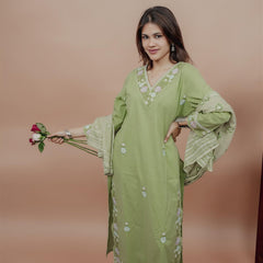 Miramaar Women's Green Cotton Embroidered V-Neck Solid Kurta Dupatta Set
