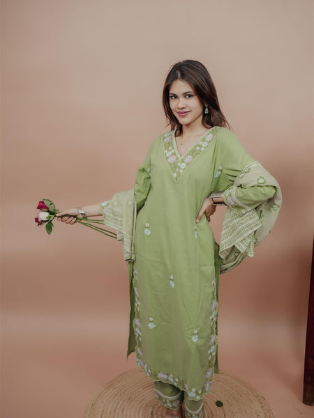Miramaar Women's Green Cotton Embroidered V-Neck Solid Kurta Dupatta Set