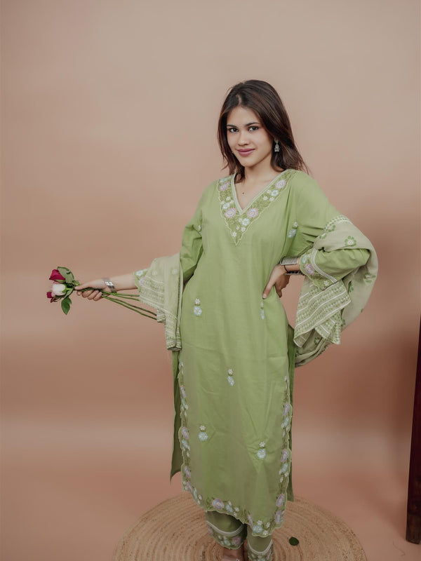 Miramaar Women's Green Cotton Embroidered V-Neck Solid Kurta Dupatta Set