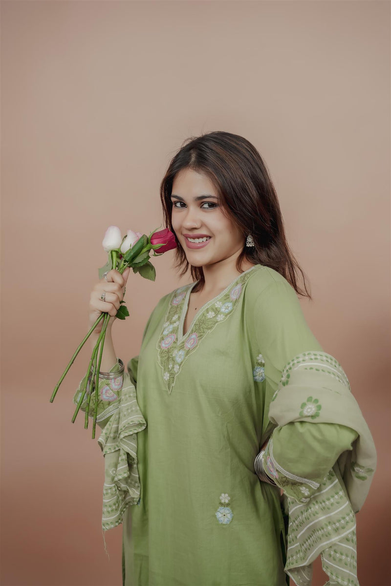 Miramaar Women's Green Cotton Embroidered V-Neck Solid Kurta Dupatta Set